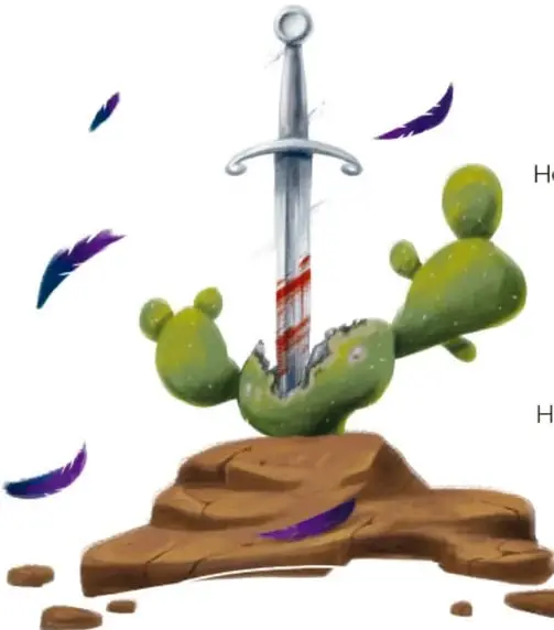 Espada clavada en un nopal sobre una roca, con plumas moradas dispersas alrededor; representa la conquista sobre el paisaje del Anáhuac.