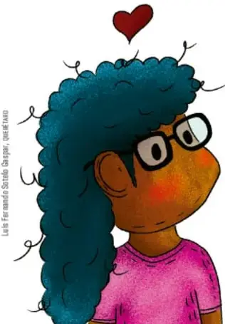 Ilustración de una niña con lentes y cabello rizado, con un corazón sobre su cabeza.