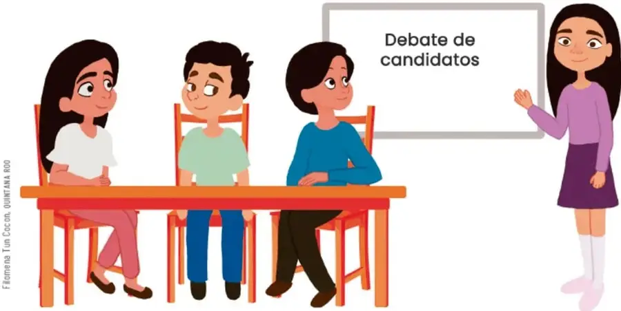 Ilustración de cuatro estudiantes: tres sentados en una mesa y una niña de pie junto a un pizarrón que dice 'Debate de candidatos'.