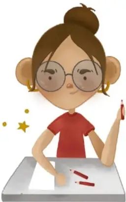 Niña con lentes dibujando o escribiendo en una mesa, representando a la compañera a la que le tomaron sus cosas.