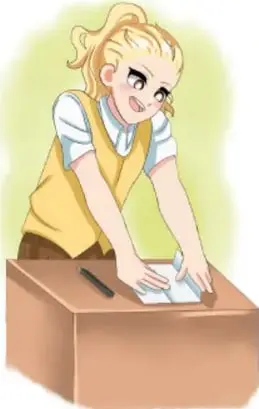 Ilustración de una niña escribiendo sobre una hoja, apoyada en una caja.