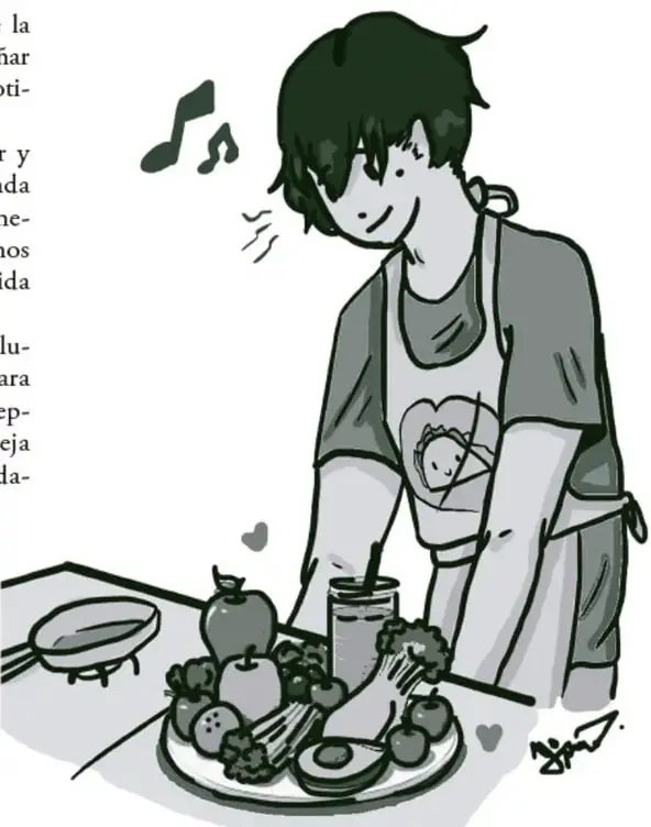 Ilustración de una persona con delantal preparando alimentos saludables: frutas, verduras, huevo y una bebida. Aparecen notas musicales y corazones, lo que sugiere una actividad cotidiana alegre y afectiva.