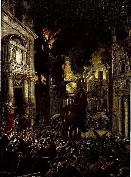 Pintura de Francisco Collantes titulada El incendio de Troya. Representa una ciudad antigua en llamas y el caballo de Troya rodeado de personas.