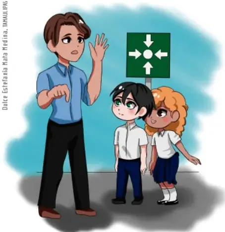 Ilustración de un docente explicando a dos estudiantes frente a un letrero verde de señalización de seguridad (cuatro flechas hacia un punto central).