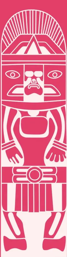Ilustración estilizada en color rosa y blanco de una figura humana o deidad prehispánica, con tocado radiado, rostro con ojos grandes, brazos extendidos y faldellín, asociada al arte mesoamericano.