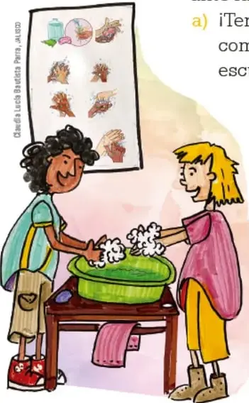 Ilustración de dos estudiantes lavando trastes en una tina, con un cartel de instructivo pegado en la pared.