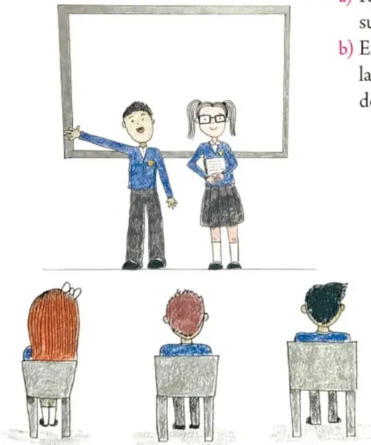 Ilustración de dos estudiantes (niño y niña) presentando frente a un pizarrón en blanco.