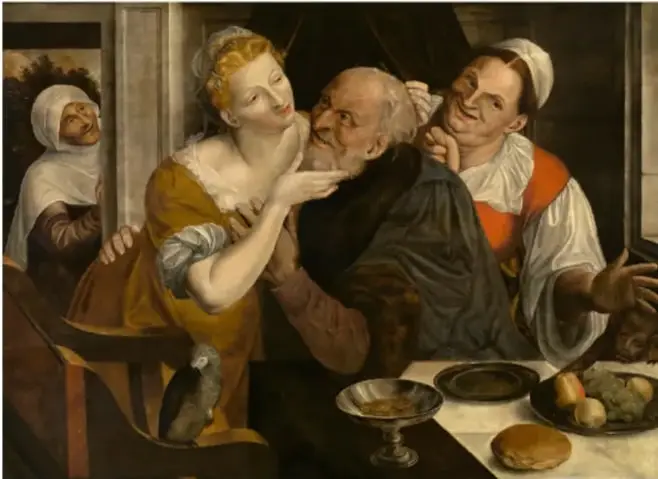 Reproducción de la pintura La pareja mal emparejada (1566) de Jan Matsys, con un anciano con una joven, una mujer madura a su derecha y una anciana alcahueta en segundo plano.