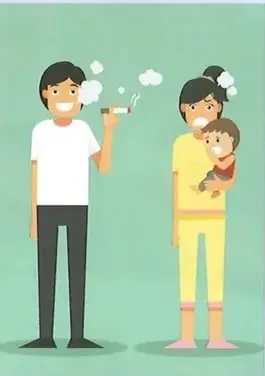 Una persona fuma un cigarrillo cerca de otra persona y un niño.