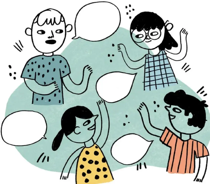 Ilustración de cuatro estudiantes con globos de texto vacíos, como si dialogaran entre ellos, sobre un fondo verde.