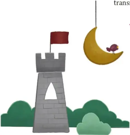 Ilustración de un castillo de piedra con bandera roja, arbustos verdes y una luna creciente amarilla con un pequeño pájaro posado en ella.