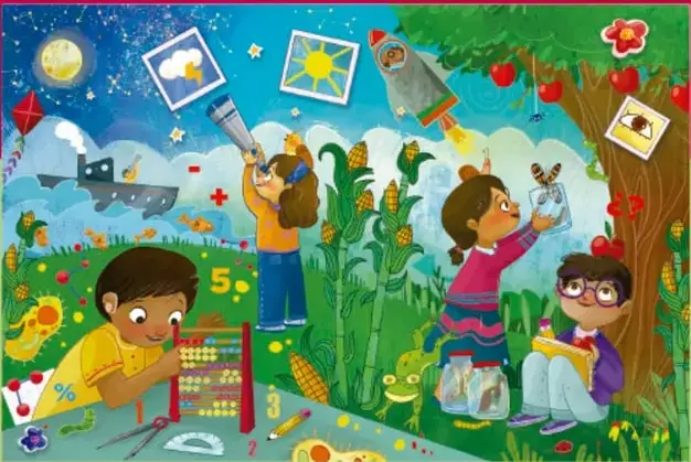 Ilustración infantil a color: cuatro niñas y niños exploran en un jardín con maíz y un árbol de manzanas, usando ábaco, telescopio, marcos con nube y sol, y libros; rodeados de números, signos matemáticos, cohete, luna, submarino volador, mariposa, rana, tijeras, regla y lápiz.