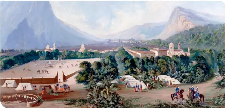 Pintura del campamento militar francés en Orizaba, con tiendas de campaña, soldados y paisaje montañoso.