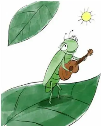 Ilustración de la cigarra verde tocando una guitarra sobre una hoja, con el sol brillando al fondo.