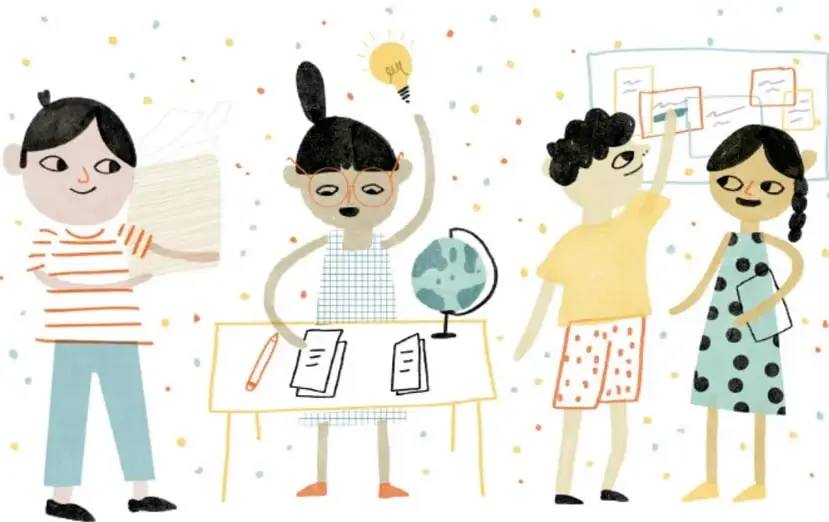 Ilustración de cuatro estudiantes de primaria: uno sostiene hojas, otra levanta una mano con una idea, otro señala un pizarrón y otra observa con un cuaderno. Hay un globo terráqueo y papeles sobre una mesa.