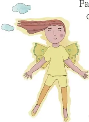 Ilustración de una niña con alas de hada y viento, con nubes alrededor; ilustración de Tania Villanueva López, Puebla.
