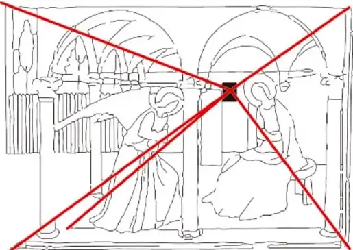 Boceto de la obra con líneas rojas que convergen en un punto de fuga, marcado con la letra B.