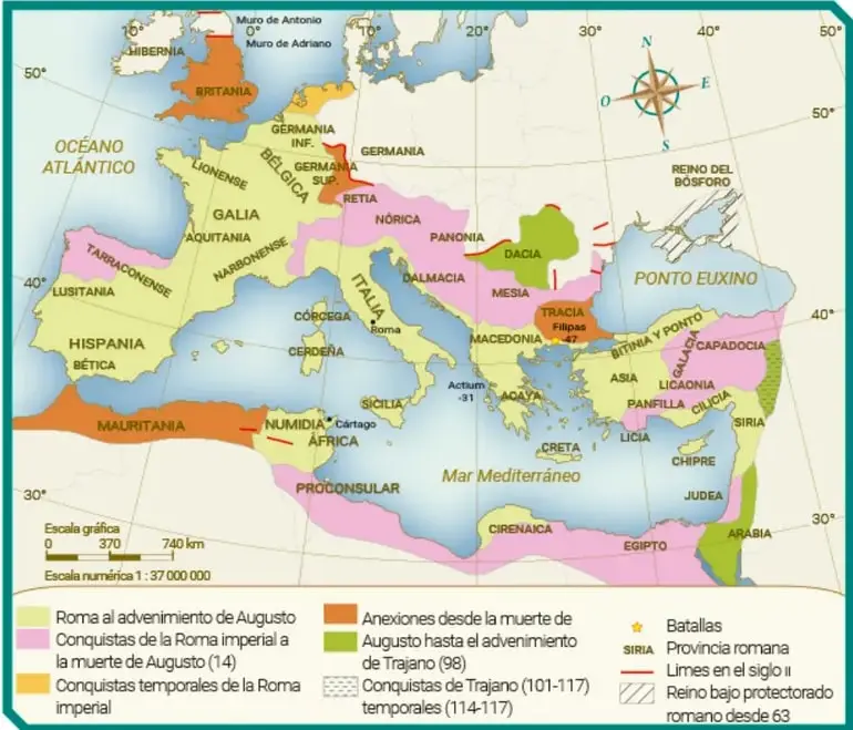 Mapa histórico de la extensión de Roma durante la República romana antes de César, con colores que indican diferentes etapas de conquista y símbolos para batallas y límites.