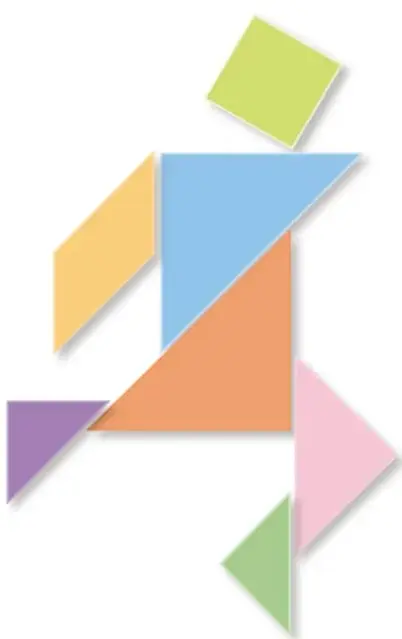 Figura humana corriendo armada con piezas de tangram de colores: cabeza cuadrada verde, torso con triángulos azul y naranja, extremidades en amarillo, rosa, morado y verde.
