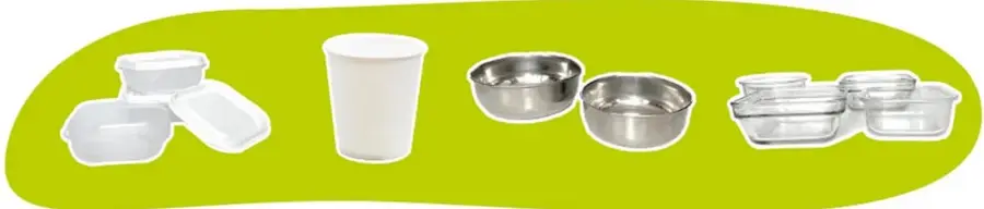 Cuatro grupos de objetos: a) recipientes de plástico, b) vaso de papel, c) recipientes de metal y d) recipientes de vidrio.