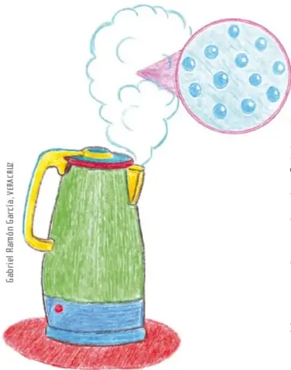 Parrilla con vapor de agua y detalle ampliado de partículas de gas muy separadas.
