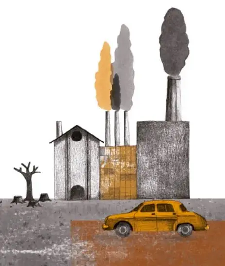 Ilustración de una casa junto a un árbol inclinado por la tormenta, con nube oscura (Rosana Mesa Zamudio, Puebla).