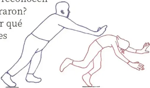 Dibujo de un adulto que detiene con los brazos a un niño que corre y está a punto de caer hacia adelante.