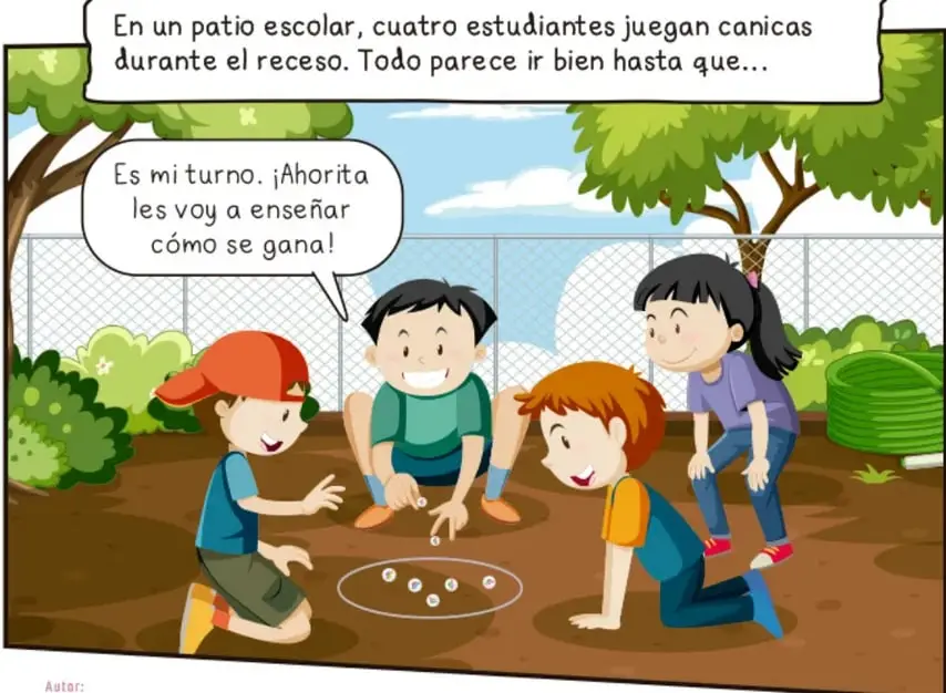 Escena de cuatro estudiantes en un patio escolar jugando canicas dentro de un círculo. Uno de ellos dice: "Es mi turno. ¡Ahorita les voy a enseñar cómo se gana!".