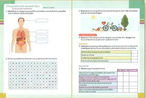 Muestra páginas de comprobación de aprendizajes con ejercicios, coevaluación y autoevaluación.