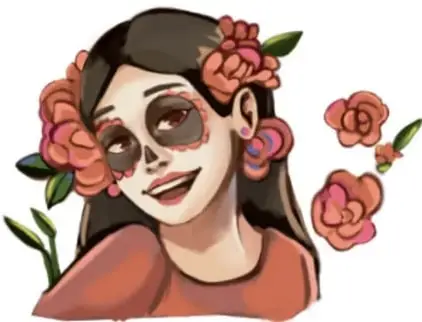 Ilustración digital de una joven con maquillaje de catrina (calavera pintada) y flores en el cabello; pies de foto: Abigail Godoy Araujo, Querétaro.