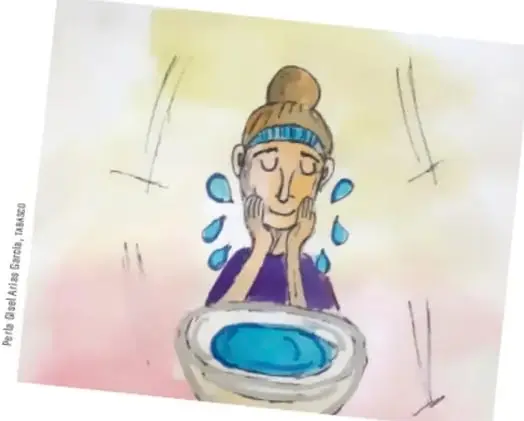 Ilustración de una persona lavándose la cara sobre un lavabo, con gotas de agua alrededor.