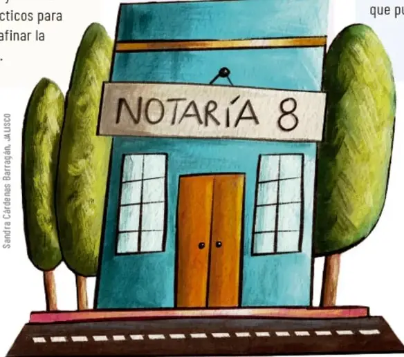 Ilustración de una notaría de color azul con el letrero 'NOTARÍA 8', árboles a los lados y una carretera al frente.