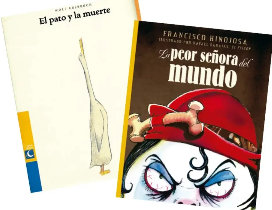 Portadas de dos libros: *El pato y la muerte* de Wolf Erlbruch, con la ilustración de un pato blanco de pie, y *La peor señora del mundo* de Francisco Hinojosa, con la ilustración de una mujer enojada con un hueso en la cabeza.