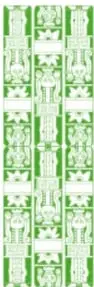 Seis ornamentos verticales verdes de estilo prehispánico/indígena, rotulados Español, Lengua indígena como lengua materna, Lengua indígena como segunda lengua, Inglés y Artes.
