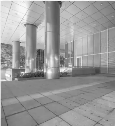 Fotografía en blanco y negro de un edificio moderno con grandes pilares cilíndricos que sostienen el techo, en un espacio urbano.