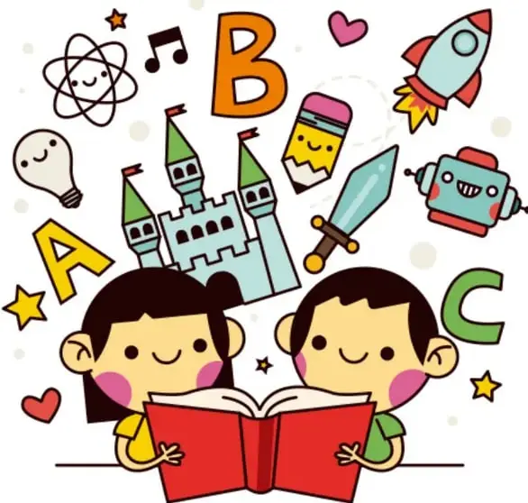 Ilustración de dos niños leyendo un libro rojo; alrededor hay letras A, B, C, un átomo, una bombilla, un castillo, una espada, un cohete, un lápiz, un corazón y un robot.