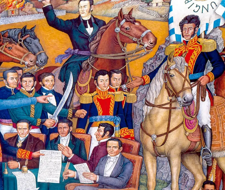 Mural histórico sobre la independencia de México: clérigo con sotana montado a caballo con el brazo en alto (Hidalgo), general con uniforme azul y bordados dorados sobre caballo blanco con bandera (Morelos), oficiales con espadín, mesa con civiles criollos firmando documentos con pluma, caballería insurgente y pueblo en llamas al fondo.