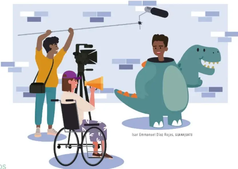 Ilustración de una filmación: una persona con cámara, otra con micrófono de varilla, una persona en silla de ruedas con megáfono y una persona disfrazada de dinosaurio.