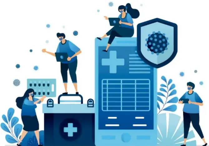 Ilustración en tonos azules: personas con mascarillas, laptops, maletín y botiquín médico con cruz, tabletas con datos sanitarios y un escudo que protege contra un virus, simbolizando la protección comunitaria frente a riesgos de salud.