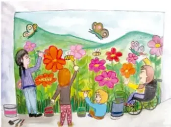Ilustración de un grupo de niños, incluido uno en silla de ruedas, pintando con floreros y mariposas; representa la participación en la actividad completa.