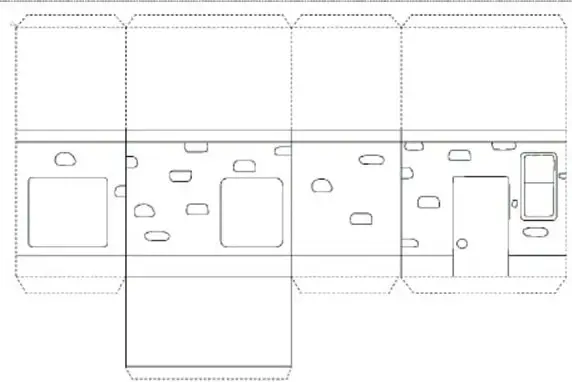 Reverso espejado de la fachada, con el mismo diseño de piedras, puerta y ventanas, para la segunda casa del material.