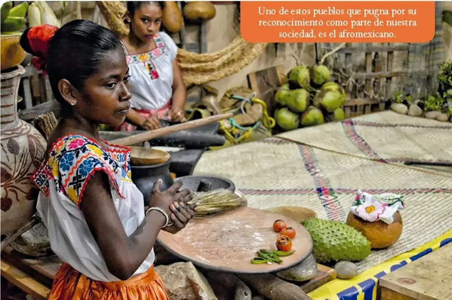 Fotografía de dos niñas afromexicanas con blusas bordadas de colores vivos. Una de ellas sostiene un manojo de hierbas sobre un metate de piedra con jitomates y un chayote; alrededor hay ollas de barro, cocos, tejidos y un petate. Al fondo se observa un muro de madera. La imagen ilustra la vida cotidiana y la cultura del pueblo afromexicano.