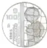 Reverso de una moneda de cien pesos de plata, México 1985, con motivo de la Copa Mundial de Fútbol, jugador con balón; 38 mm, Colección Casa de Moneda de México.