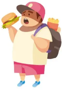 Ilustración de un niño en edad escolar comiendo una hamburguesa y cargando papas fritas, junto al dato: 35% de los niños en edad escolar presentan esta enfermedad crónica.