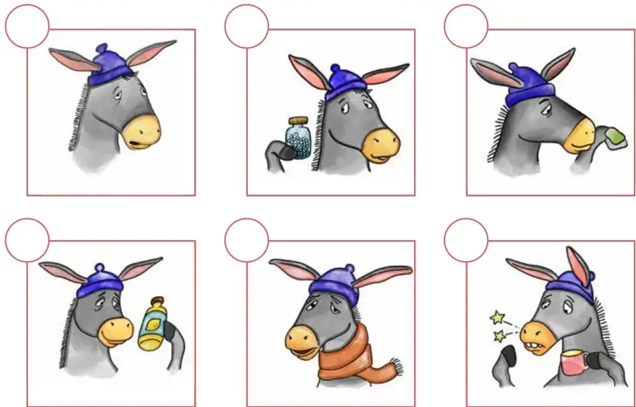 Burro con gorro azul y expresión triste.