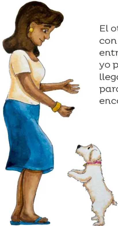 Ilustración de una niña de piel morena, cabello castaño y vestido blanco con falda azul, que mira hacia abajo con las manos extendidas; frente a ella, un perrito blanco con collar rosa se para en dos patas.