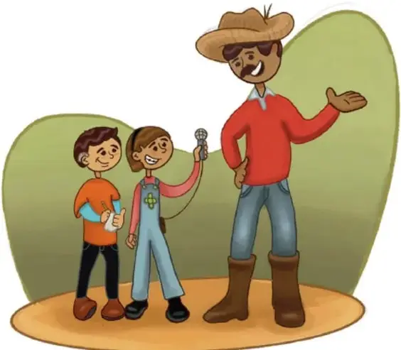 Ilustración de dos niños; la niña sostiene un micrófono hecho con tubo de cartón y bola de papel y entrevista a un adulto con sombrero, camisa roja y botas.