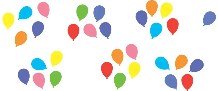 31 globos de colores (amarillo, celeste, rosado, azul, verde, rojo, naranjo, morado) distribuidos en seis grupos sobre fondo blanco.