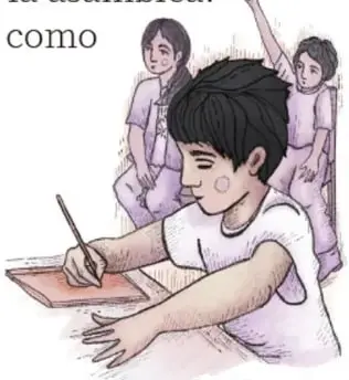 Ilustración de estudiantes en una asamblea: un niño escribe en su cuaderno mientras otros levantan la mano para participar (Tania Villanueva López, PUEBLA).