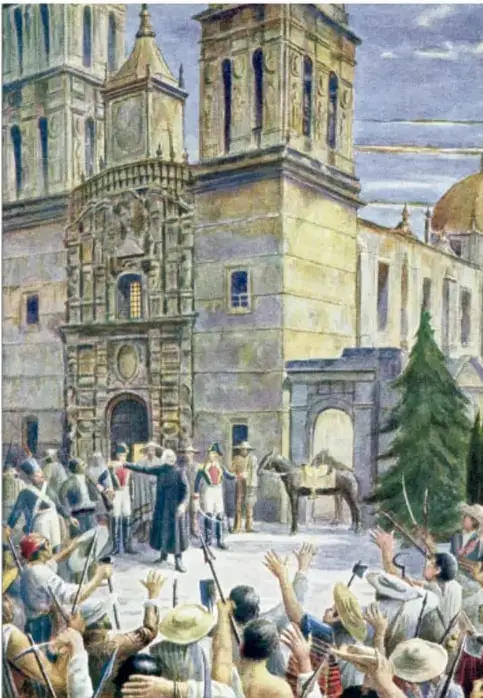 Pintura que representa una escena del sitio de Cuautla: una iglesia con torres, soldados y civiles, algunos con los brazos levantados.